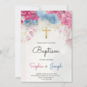 Invitation de baptême avec fleurs bleues et une cr (Devant)