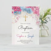 Invitation de baptême avec fleurs bleues et une cr (Debout devant)
