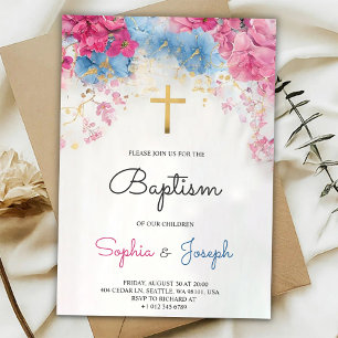 Invitation de baptême avec fleurs bleues et une cr