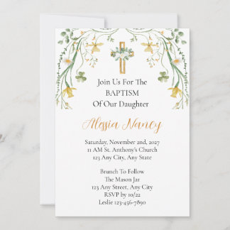 Invitation de baptême avec fleurs et verdure