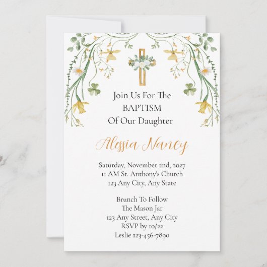 Invitation de baptême avec fleurs et verdure (Devant)