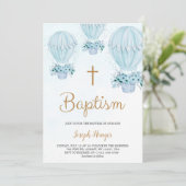 Invitation de baptême avec montgolfière bleue (Debout devant)