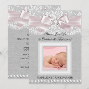 Invitation de baptême avec ruban rose et dentelle