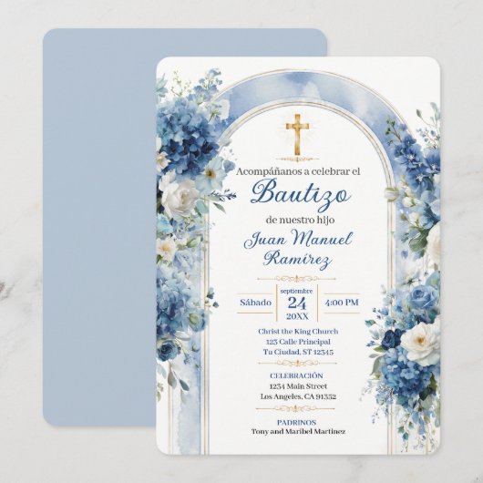 Invitation de baptême Bautizo florale bleue pour g (Devant / Derrière)
