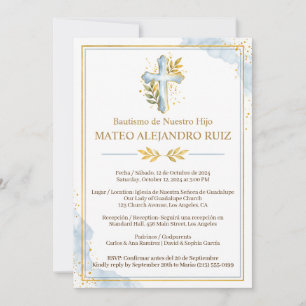 Invitation de baptême bilingue garçon croix or