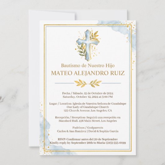 Invitation de baptême bilingue garçon croix or (Devant)