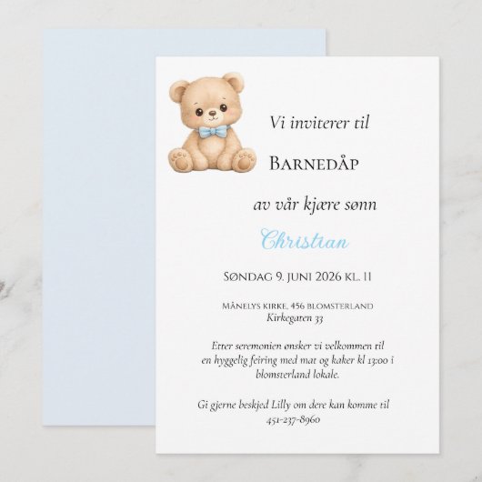 Invitation de baptême Blå Sløyfe Bamse (Devant / Derrière)