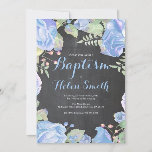 Invitation de baptême bleu floral (Devant)