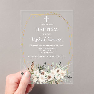 Invitation de baptême bohème florale blanc acryliq