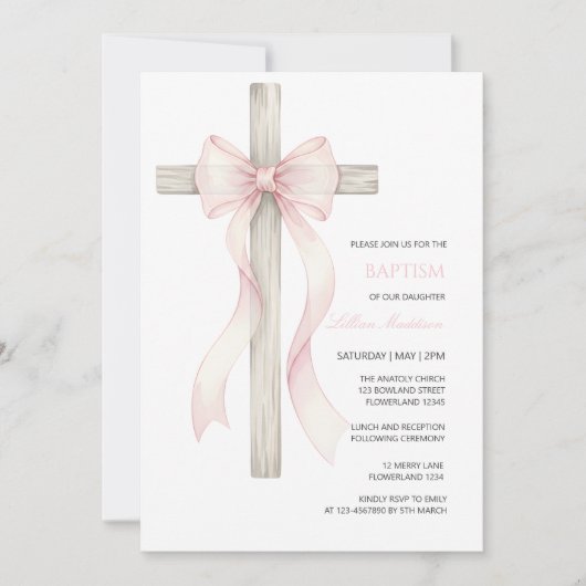 Invitation de baptême bohème pour fille avec noeud (Devant)