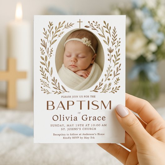 Invitation de baptême Boho avec couronne florale e