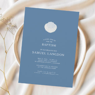 Invitation de baptême chrétien bleu coquillage côt