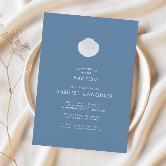 Invitation de baptême chrétien bleu coquillage côt