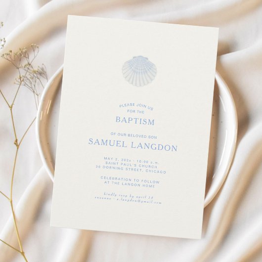 Invitation de baptême chrétien bleu coquillage côt