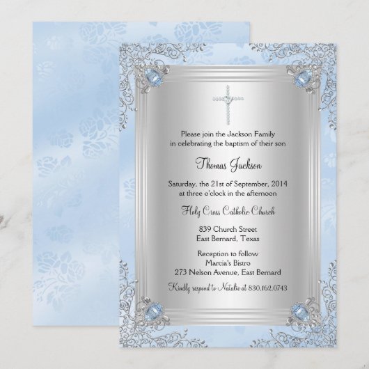 Invitation de baptême / Christening Blue Sparkle J (Devant / Derrière)