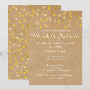 Invitation de baptême coeurs dorés