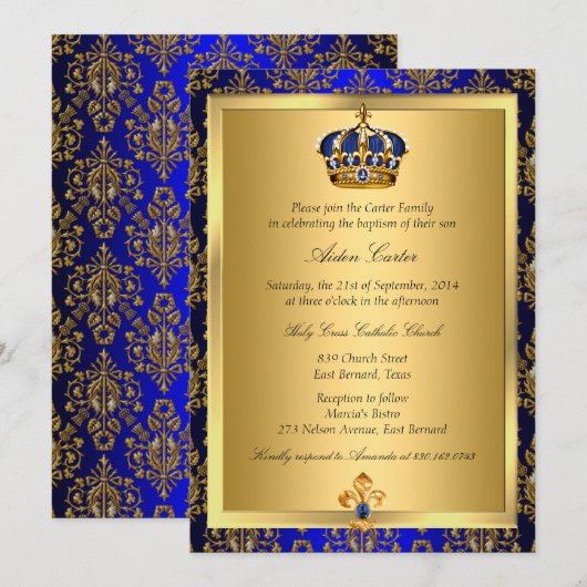 Invitation de baptême Couronne Royale Bleue Royale (Devant / Derrière)