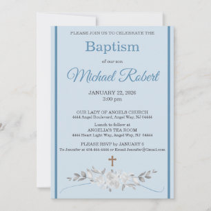 Invitation de baptême croix aquarelle à rayure ble