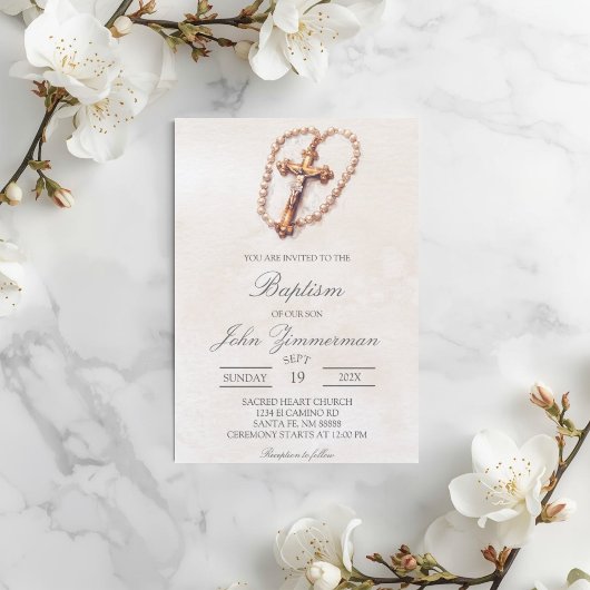Invitation de baptême Croix beige