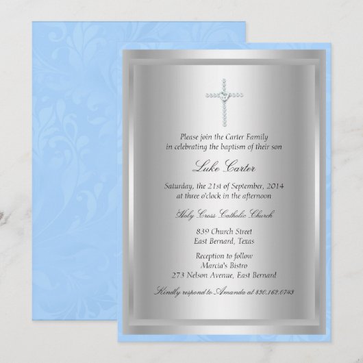 Invitation de baptême croix diamant bleu (Devant / Derrière)