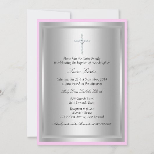 Invitation de baptême croix diamant rose (Devant)