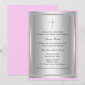 Invitation de baptême croix diamant rose (Devant / Derrière)