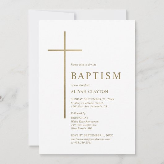 Invitation de baptême croix dorée (Devant)
