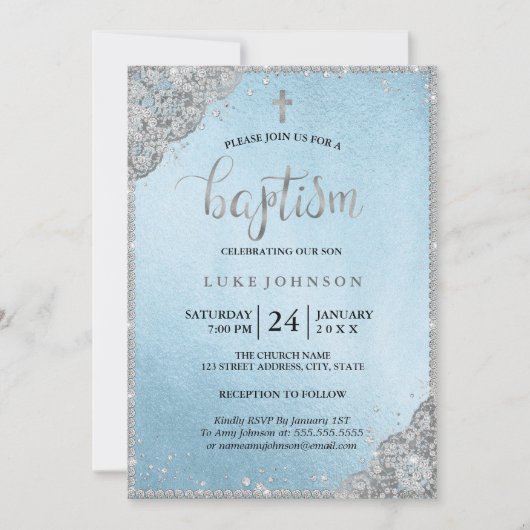 Invitation de baptême Croix en dentelle de diamant (Devant)