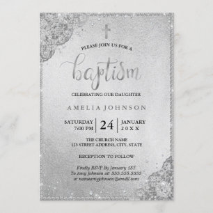 Invitation de baptême Croix en dentelle de diamant