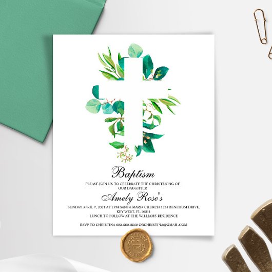 Invitation de baptême croix en feuilles d'eucalypt