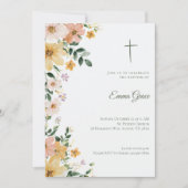 Invitation de baptême Croix Florale Aquarelle (Devant)