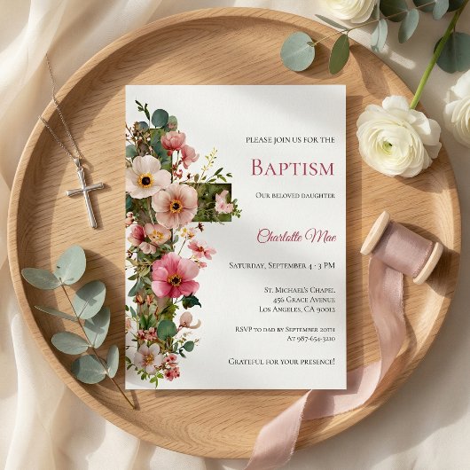 Invitation de baptême Croix florale aquarelle