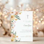 Invitation de baptême Croix Florale Aquarelle