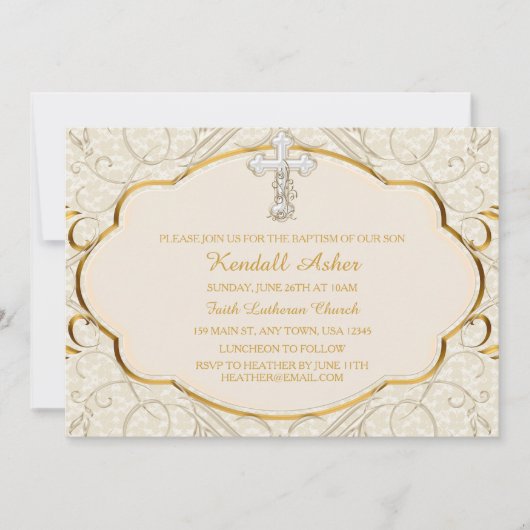 Invitation de baptême croix or et argent (Devant)
