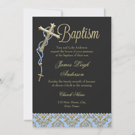 Invitation de baptême Croix Sainte & Damassé Bleu (Devant)