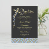 Invitation de baptême Croix Sainte & Damassé Bleu (Debout devant)