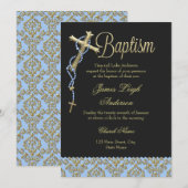 Invitation de baptême Croix Sainte & Damassé Bleu (Devant / Derrière)
