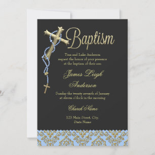 Invitation de baptême Croix Sainte & Damassé Bleu