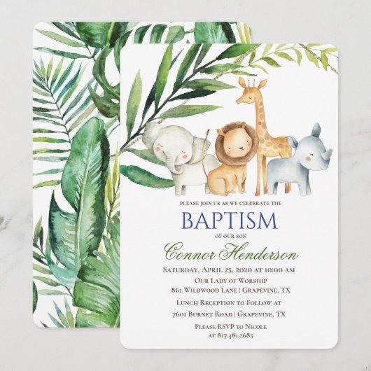 Invitation de baptême d'animaux de la jungle (Devant / Derrière)