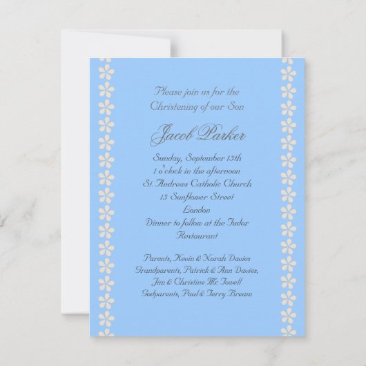 Invitation de baptême de bébé, bleu, polka blanche (Dos)