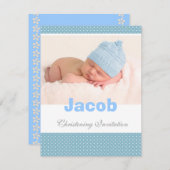 Invitation de baptême de bébé, bleu, polka blanche (Devant / Derrière)