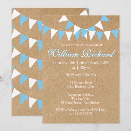 Invitation de baptême de bébé Bunting Bleu (Devant / Derrière)