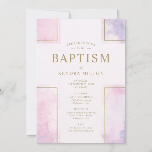Invitation de baptême de bébé fille rose (Devant)