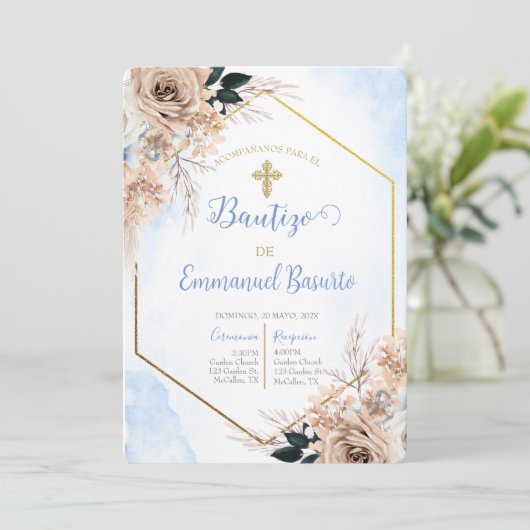 Invitation de baptême de Boho bleu Dusty (Debout devant)