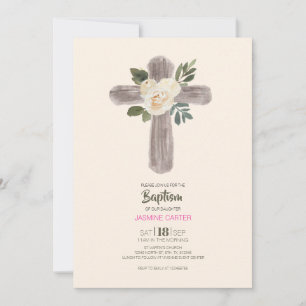 Invitation de baptême de fille à la croix florale