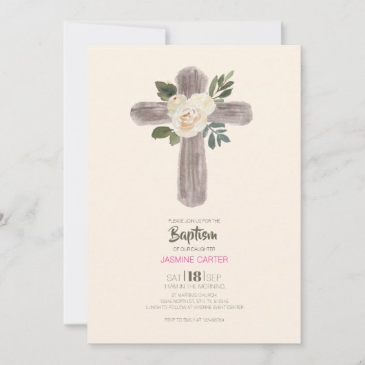 Invitation de baptême de fille à la croix florale (Devant)