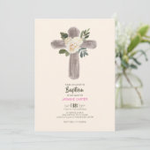 Invitation de baptême de fille à la croix florale (Debout devant)