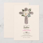 Invitation de baptême de fille à la croix florale (Devant / Derrière)