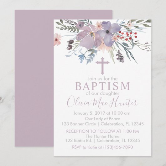 Invitation de baptême de fille aux fleurs de lilas (Devant / Derrière)