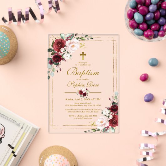 Invitation de baptême de fille avec cadre rose Mar (Insitu (Célébration))